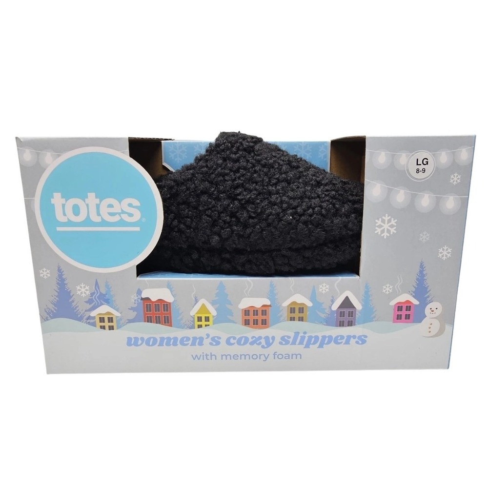 Totes Women's Cozy Faux Fur Memory Foam Slippers Black Size 8-9 Large Bin Deal